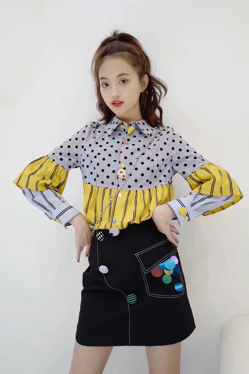 

2021 Spring New Ruffled Stitching Polka Dot Shirt Female Print Contrast Color Striped Long Sleeve Blouse Top Women's Shirt