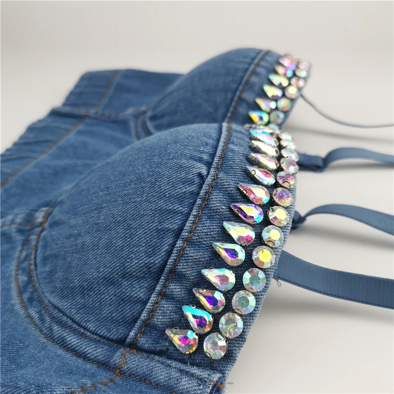 

Hand made diamond Cowboy Push Up Denim Bustier Tops female Ripped Sexy Cropped Feminino Strappy Bralette Bras Camis Tops Crops