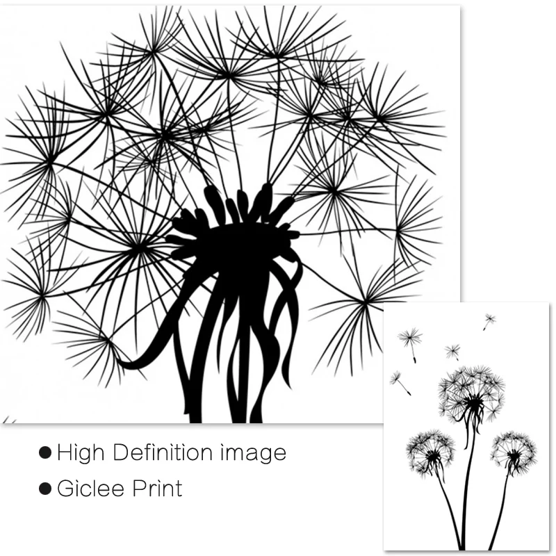 Натуральный лес скандинавский постер черно белый Одуванчик холст