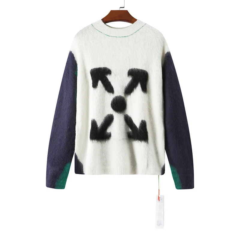 

Ow2021 new mohair sweater couple off white men's fashion arrow color matching T-shirt coat