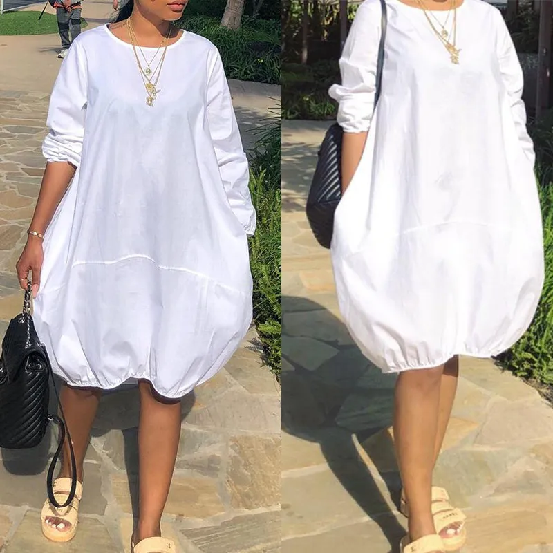 Elegant Women Autumn Loose Style Knee Length Dress Solid Color Party Fashion Streetwear Casual Sundress | Женская одежда