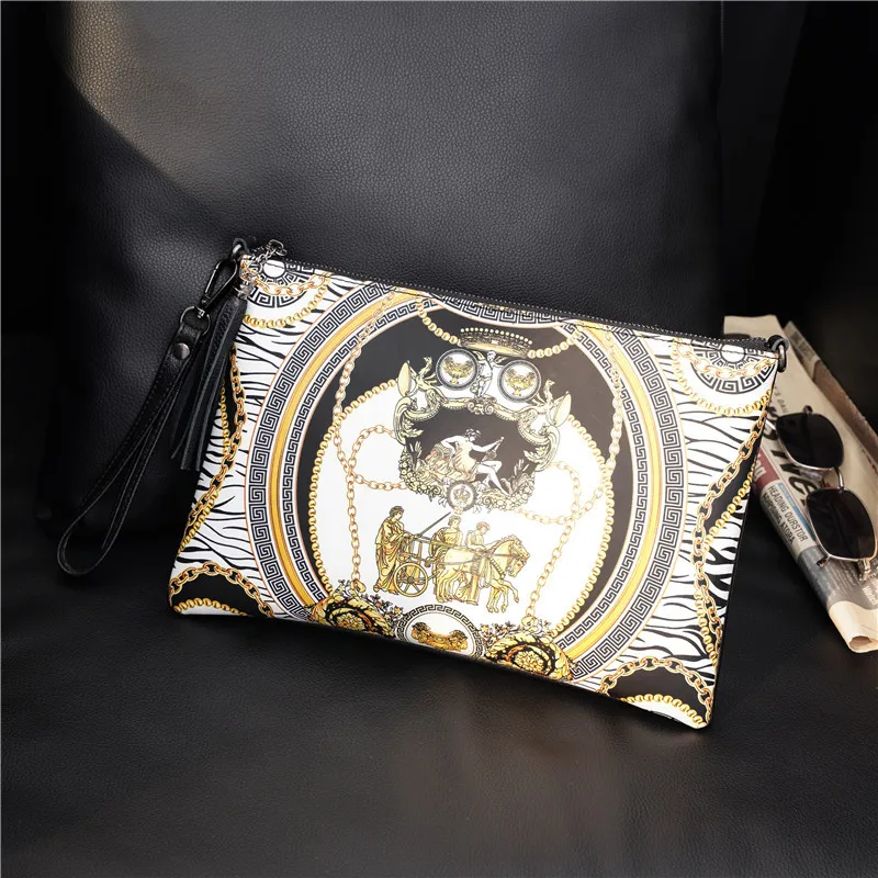 

Retro Personality Print Clutches Leather PU Large Capacity Men's Hand Bag Brand Design iPad Wallet Purse Shoulder Envelope Bags