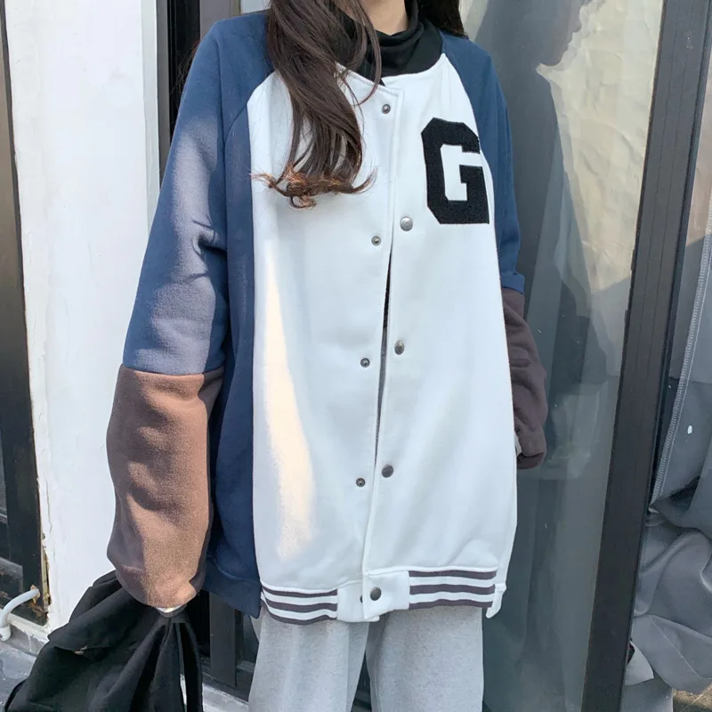

2021 Autumn New Bomber Jacket Women Letter G Streetwear Clothing Single Breasted Spliced Baseball Korean Coat Casual Outwear