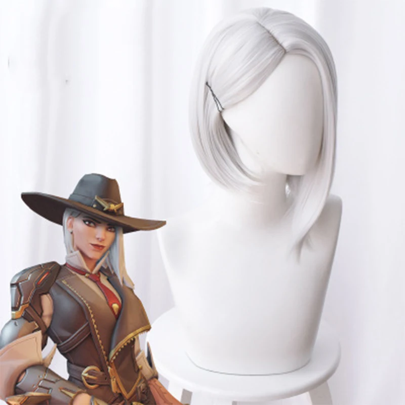 

Anime Overwatch Ashe Cosplay Wig Silver White Short Side Parting Styled Synthetic Straight Wigs Women Cosplay Costume Wigs