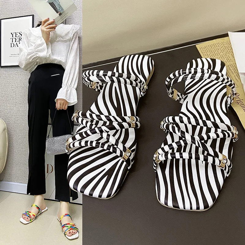 

2021 sandals women's new large one-line belt to wear fashion flat bottom cross ribbon sandals women