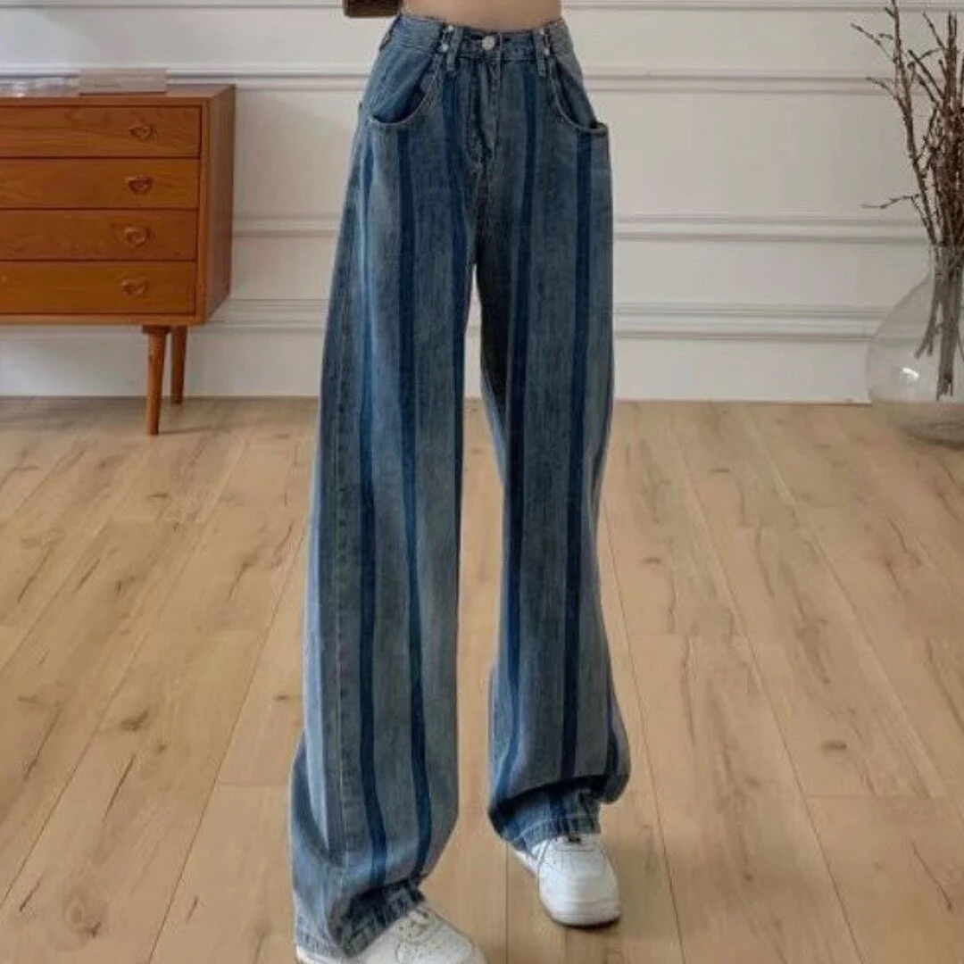 

Fashion Women's Jeans Y2K Loose Chic Stripped Straight Jeans Streetwear Baggy Vintage Boyfriend Patchwork Wide leg Trousers