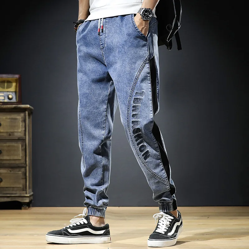 

Cotton Men Fashion Letters Jeans Man Slim Casual Harem Trousers Elastic Waist Men's Clothing Slim Young Man Denim Pants