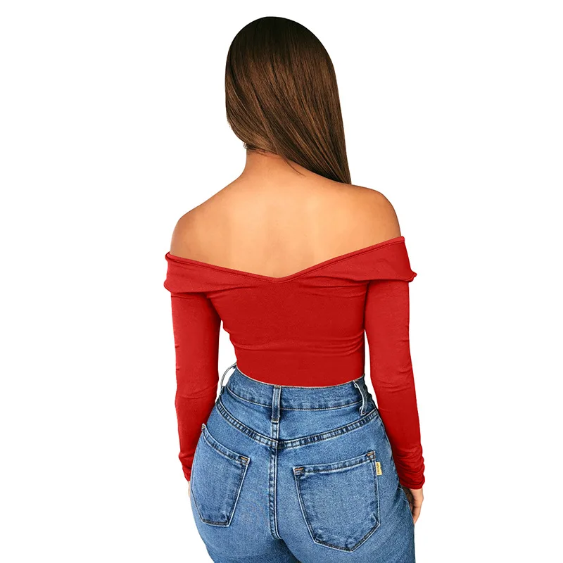 

Mandylandy Bodysuits Summer High Waist Off Shoulder Slash Neck Bodysuits Women's Sexy Solid Color Long Sleeve Slim Bodysuits