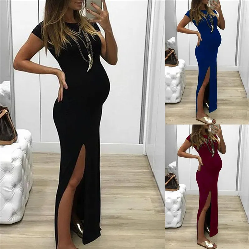 Pregnant Tight Open Long Dress Women Solid O-Neck Short Sleeve Maternity Dress Spring Summer Short Sleeve Pregnancy Clothes