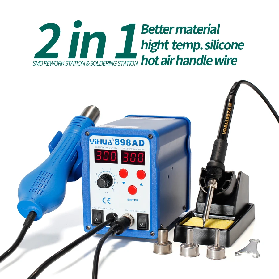 

Free Shipping YIHUA 898AD SMD Hot Air Heat Gun Soldering Station With Soldering Iron 2 In 1 Rework Station For Soldering