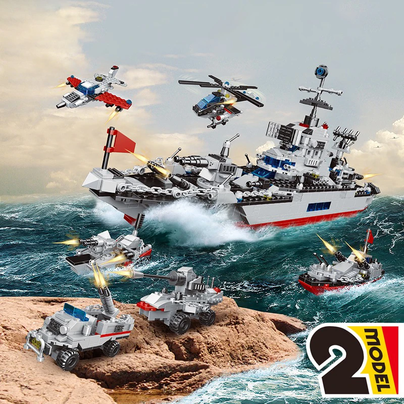 

6 IN 1 WW2 Military Warship Aircraft Tank Model Building Blocks Creator City Boat Cruiser Bricks Toys For Kid Birthday Gift