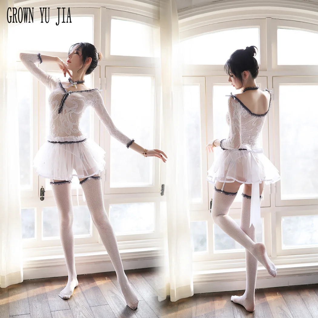 

Сексуальный костюм горничной с длинными рукавами, соблазнительная кружевная юбка, наборы чулков, обтягивающее платье, экзотическое белье, ...