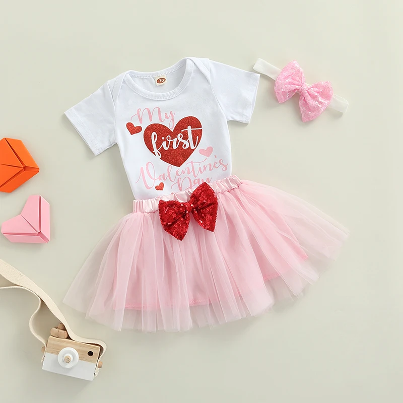 

Baby Girls Three-piece Clothes Set White Letters and Heart Print Round Collar Short Sleeve Romper Yarn Skit and Headdress