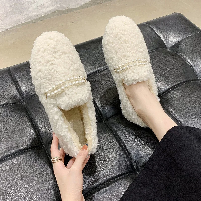 

Туфли женские с круглым носком, Мокасины, лоферы, без застежки, украшение с жемчугом, модная универсальная повседневная обувь на осень