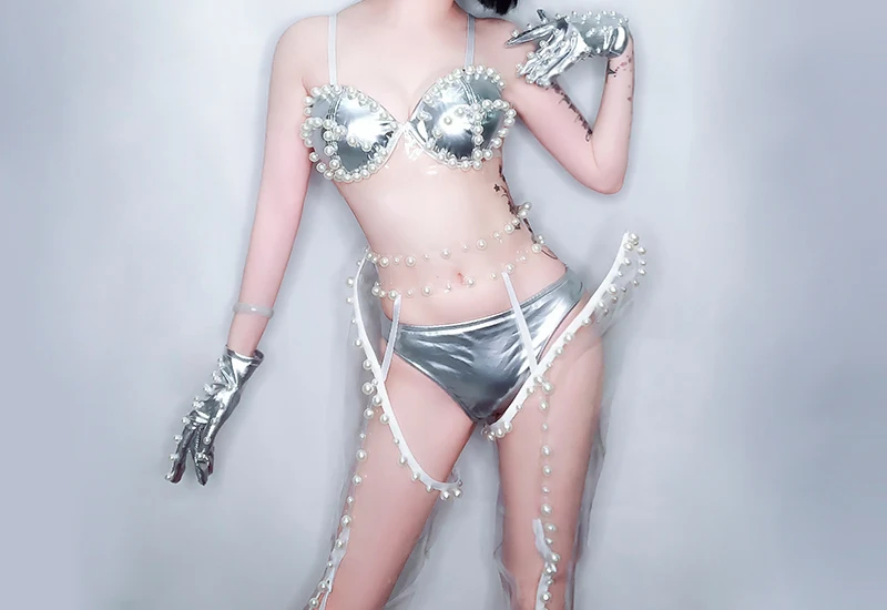 Body Suit Горячая GoGo серебряный костюм боди Костюм Жемчужное бикини женский бюстгальтер сценический ночной клуб вечерние певица представление одежда фестиваль наряд L2992 - Цвет: Body Suit