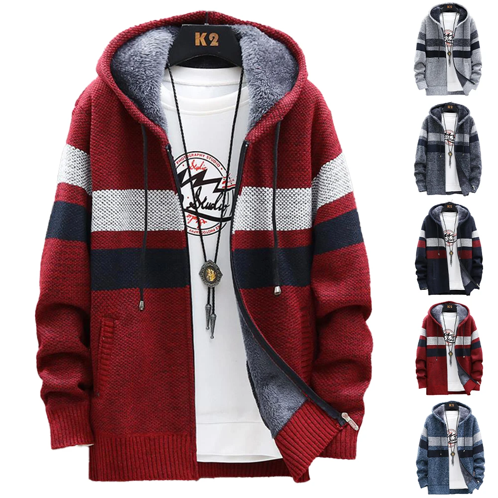 

Drawstring Patchwork Hooded Stripe Men Winter Warm Hoodie Sweaters Coat Knitted Thermal Cardigan Casual Loose Sweater Plus Size