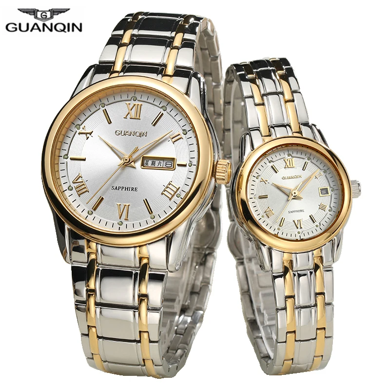 GUANQIN Couple Watches Set Luxury Stainless Steel Men Women lovers Watch Date Week Men Ladies Wrist Watch Quartz Watches Clock