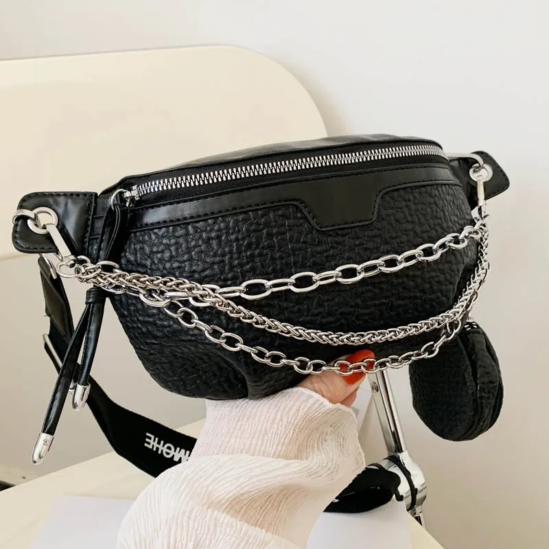 

Women Black Chest Pouch 2-IN-1 Crossbody Bag Satchel Classic Designer Chain Hand Bag Messenger Bags Women Leather Waist Pack