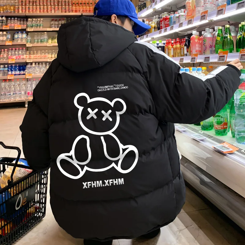 Korean Fashion Bear Print Hooded Cotton Jacket Men's Autumn and Winter Thickening and Velvet Bread Jacket Winter Clothes