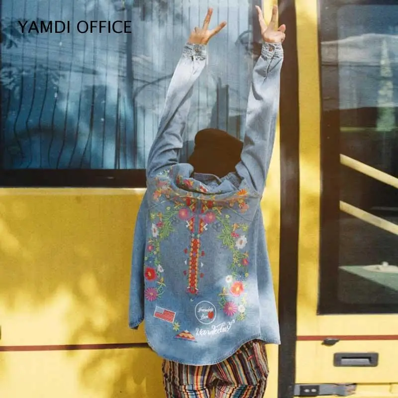 Синяя куртка винтажная хиппи бохо вышивка Женские топы с длинными рукавами