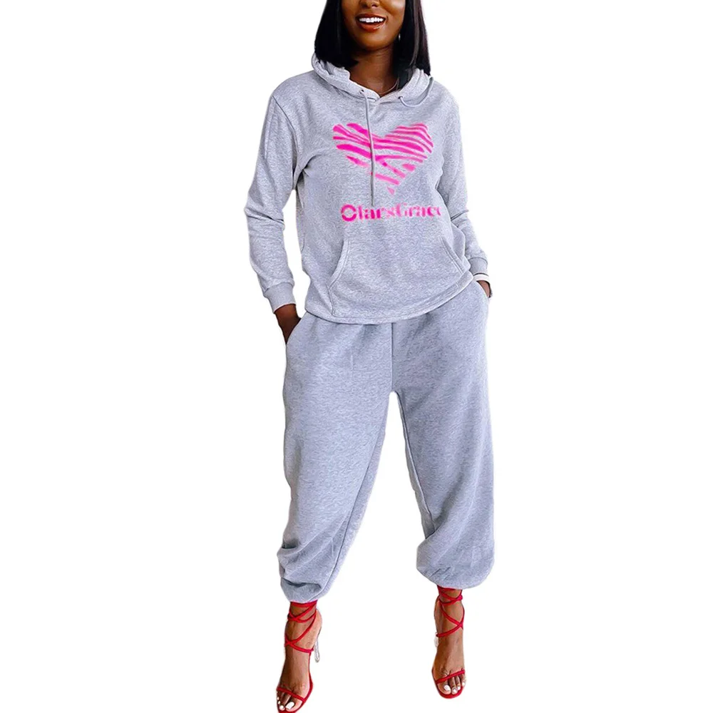 

Love Heart Letter Print Hooide Two Piece Set for Women Long Sleeve Hooded Sweatshirts and Pockets Jogger Pant Warm Thick Outfit
