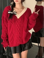 red sweater sweet girl autumn winter long sleeve twist casual knitting jumper vintage fashion kawaii v neck women pullover tops