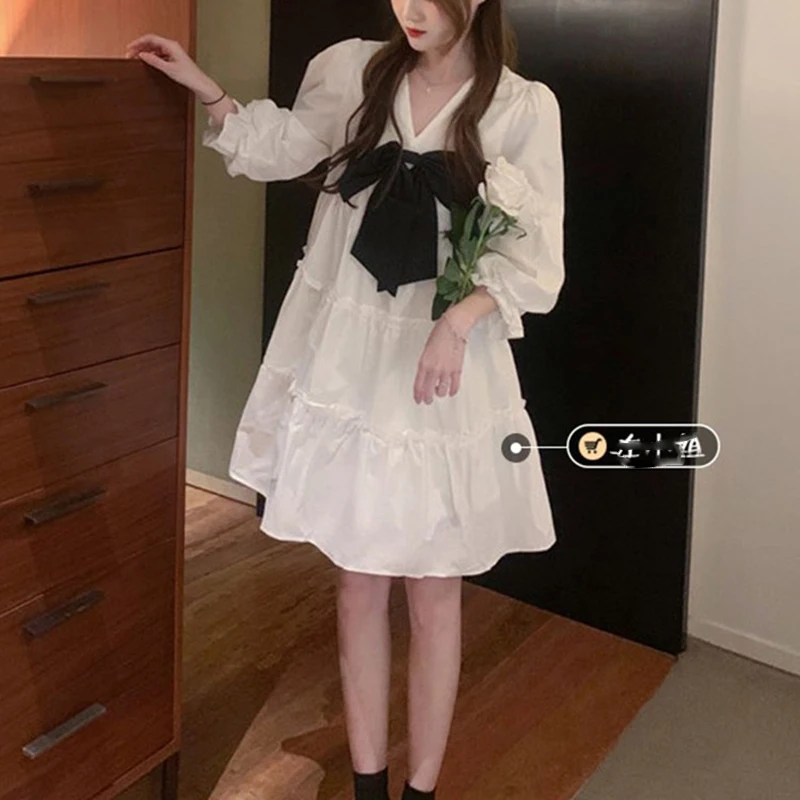 

2021 Summer fairy white Elegant Dress Women Sweet Bow Korean Princess Sexy Mini Fairy Female Casual Puff Sleeve Party Dress