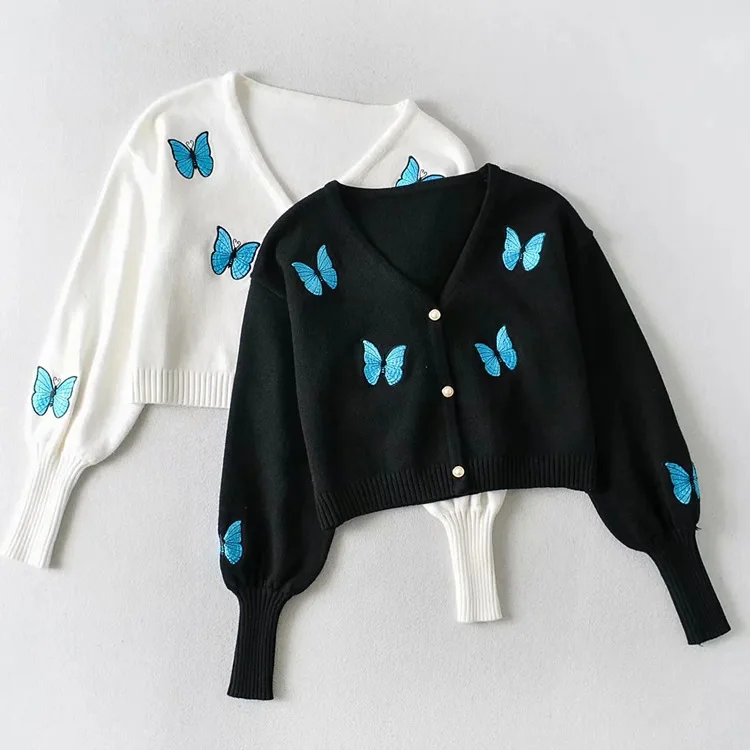 

Europe and America Retro American V-neck Loose Short Butterfly Embroidered Princess Sleeve Thick Long Sleeve Sweater DLsy2460