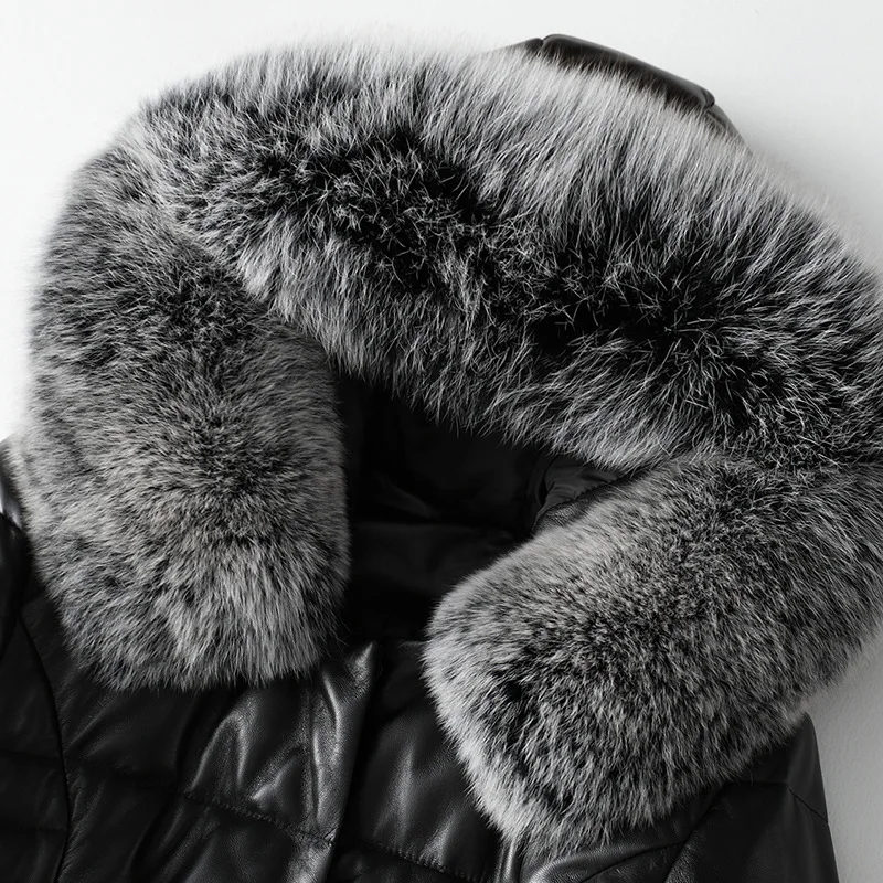 Winter Fashion 2020 Fox Fur Collar Hooded Sheepskin Leather Down Jacket Women's Long Genuine Leather Coat Thick Warm Outwear