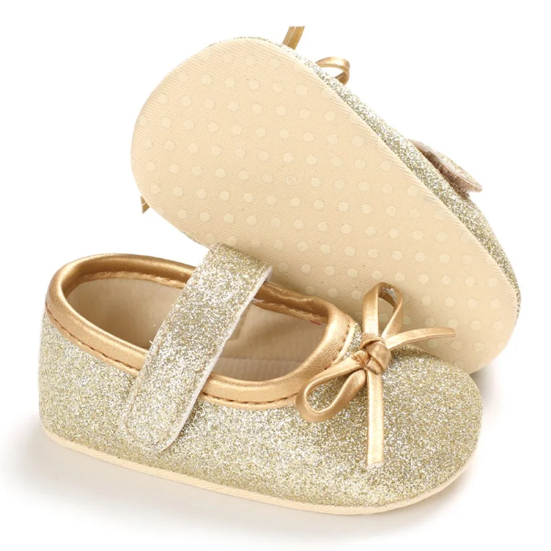 Mocasines de princesa para beb&eacute; y ni&ntilde;a, zapatos para reci&eacute;n nacido, con lazo bonito, zapatos de lentejuelas, suela suave de cuero Pu, primeros pasos-3