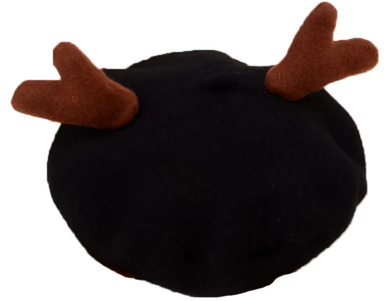 JOYHY Cute Kids Girl Boys Reindeer Horn Cartoon Wool Artist French Style Berets Cap Hats 2021 Children Christmas Baret Flat Hat
