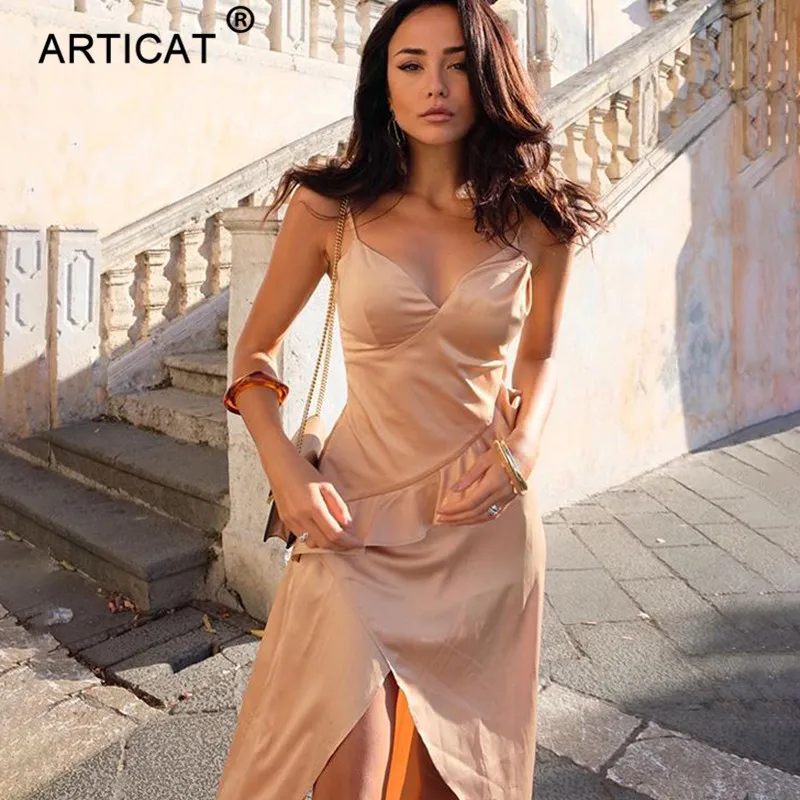 Articat, асимметричное, с оборками, сексуальное, сатиновое платье, женское, элегантное, на тонких бретелях, с разрезом, облегающее, рождественское платье, для девушек, длинное, вечерние, платье