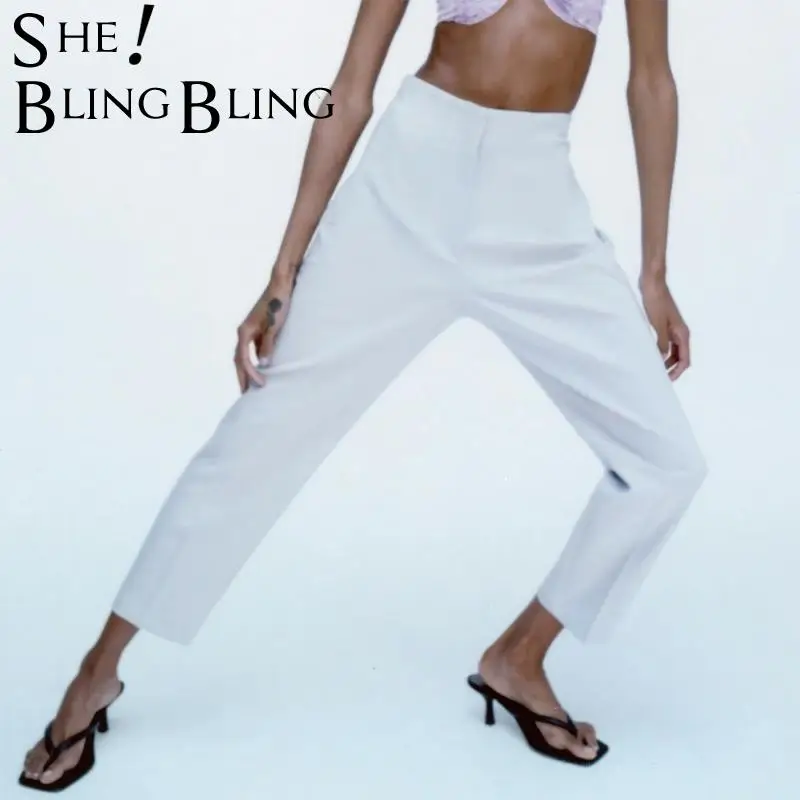 SheBlingBling 2021 женские брюки Za костюмы с высокой талией шикарные офисные бежевые на