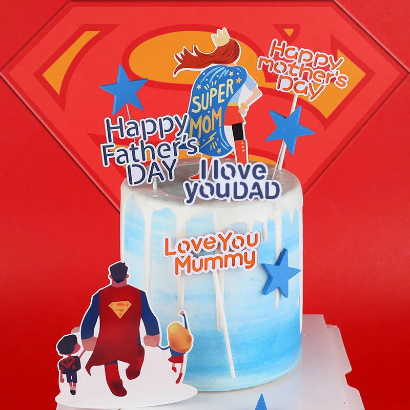

2pcs/bag Fathers Day Cake Topper Happy Birthday Cake Decoration Cartoon Super Dad Super Mom Theme Party Supplies Candy Bar