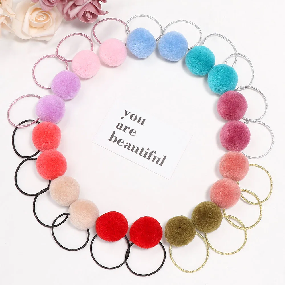 2022 New Hot Sale 1 Pair Cute Furry Pompom Girl Children Sweet Rubber Band Fur Ball Hair Ring Kids Hair Rope Accessories