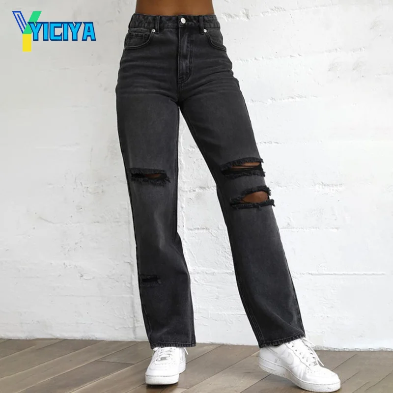 

YICIYA Ripped jeans women's fashion ripped holes washed mid-rise casual wide pants wide-leg pants met jean femme y2k streetwear