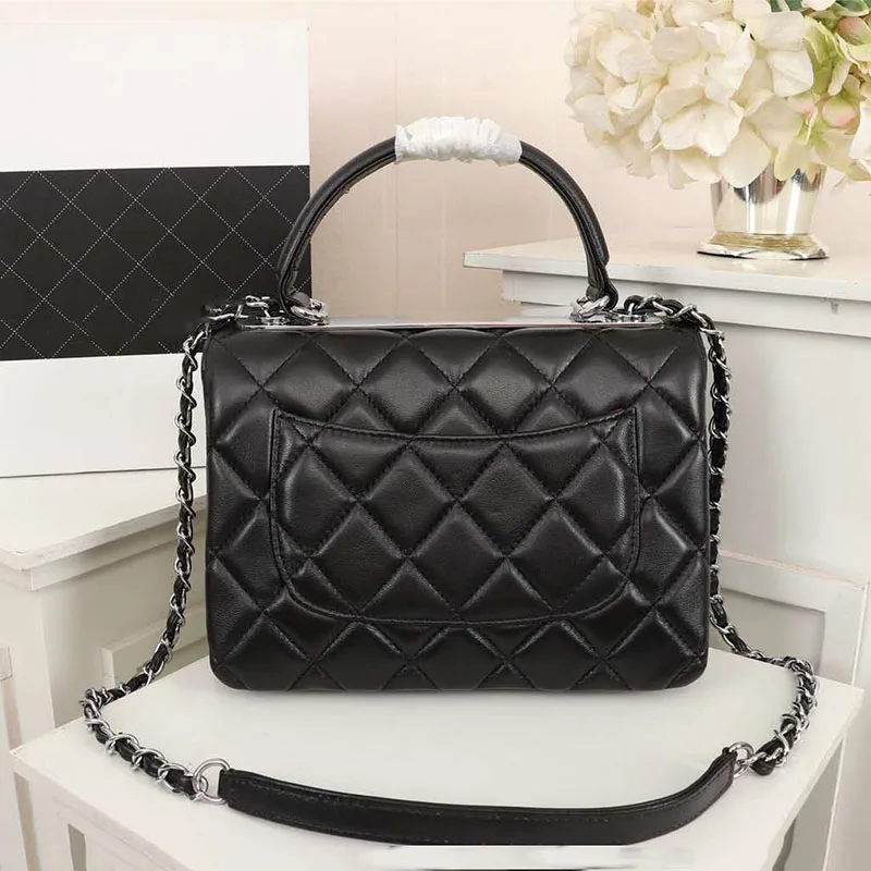 Hot Selling Handbag Tote Bags Fashion Design Ladies One Shoulder Bag For Women Classic Deluxe Real Leather Slant Purse Bag - Цвет: Black sliver chain