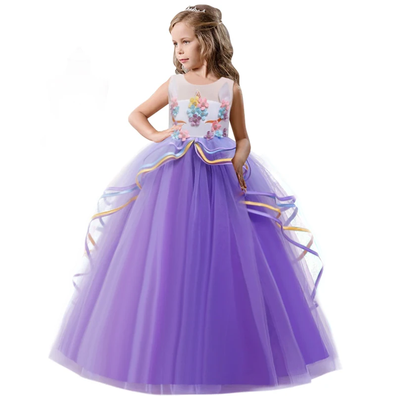

Charming Rainbow Unicorn Cosplay Girl Dresses Party Flower Lace Long Tutu Formal Ball Gown Princess Dress 5 6 7 8 10 12 14 Years