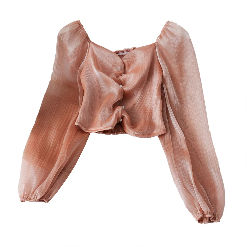 

mesh women blouse 2020 summer new puff sleeved solid see through lady elegant pulls lantern sleeved short high waist outwear top