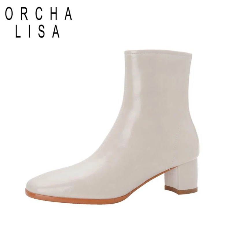 

ORCHALISA Woman's Ankle Boots Round Toe Block Heels Cow Leather Zipper Big Size 34-43 Solid Black White Retro Winter Warm S2767