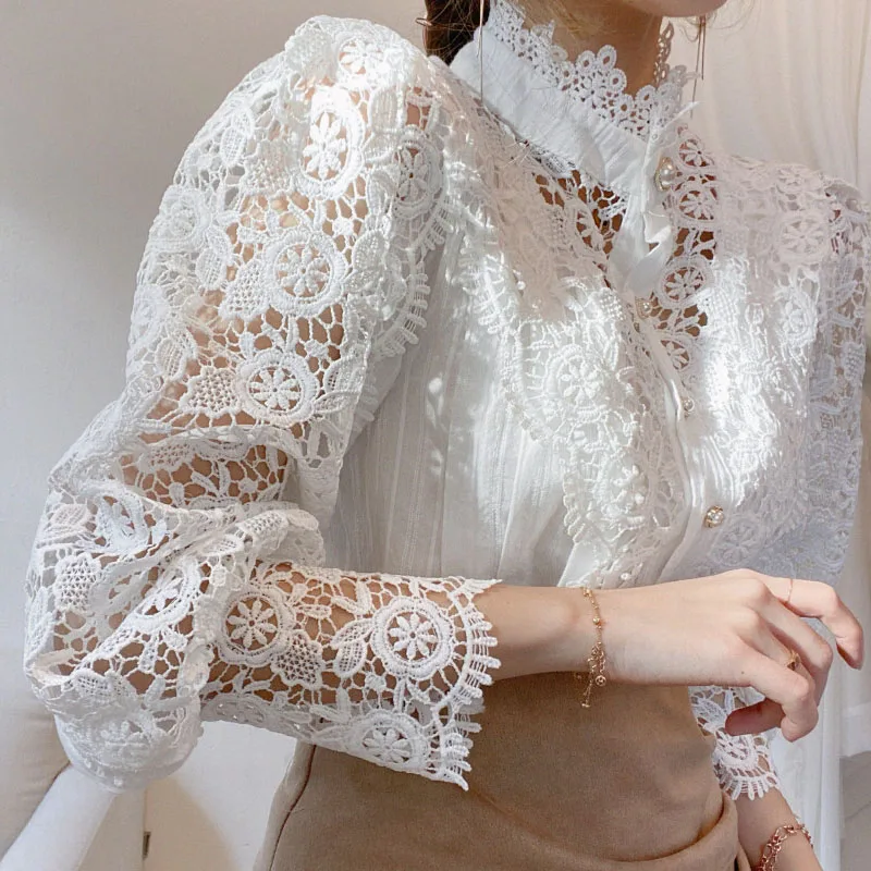 

Women Tees Vintage Lace Tops Hollow Out Flower Lace Patchwork Shirt Petal Sleeve Stand Collar Femme Blusas All-match Chic