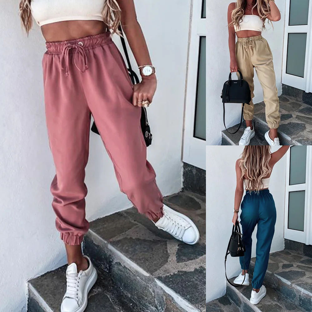 

Donsignet Women's Pants New Fashion High-waist Casual Lace-up Pockets Slim Solid Casual Pants Drawstring Woman Pants