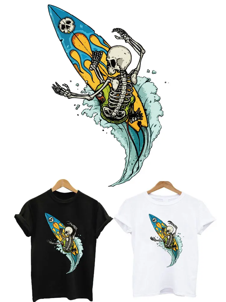 

Skull Surfing Patches for Clothing Appliques Iron on Transfers for Clothes Thermo Stickers on Punk T Shirt Custom Patch Tops R