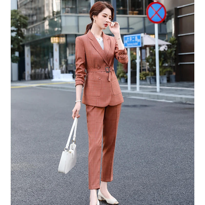 

Ladies Fashion Business Pant Suit Self Belt Jacket Green Charcoal Brown Check Blazer for Women Office Wear
