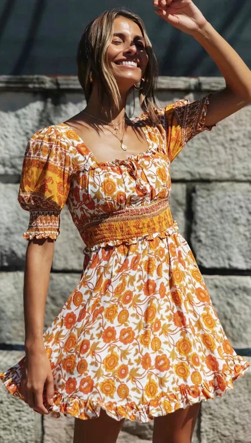 Пикантное винтажное Хлопковое платье мини с открытой спиной и цветочным