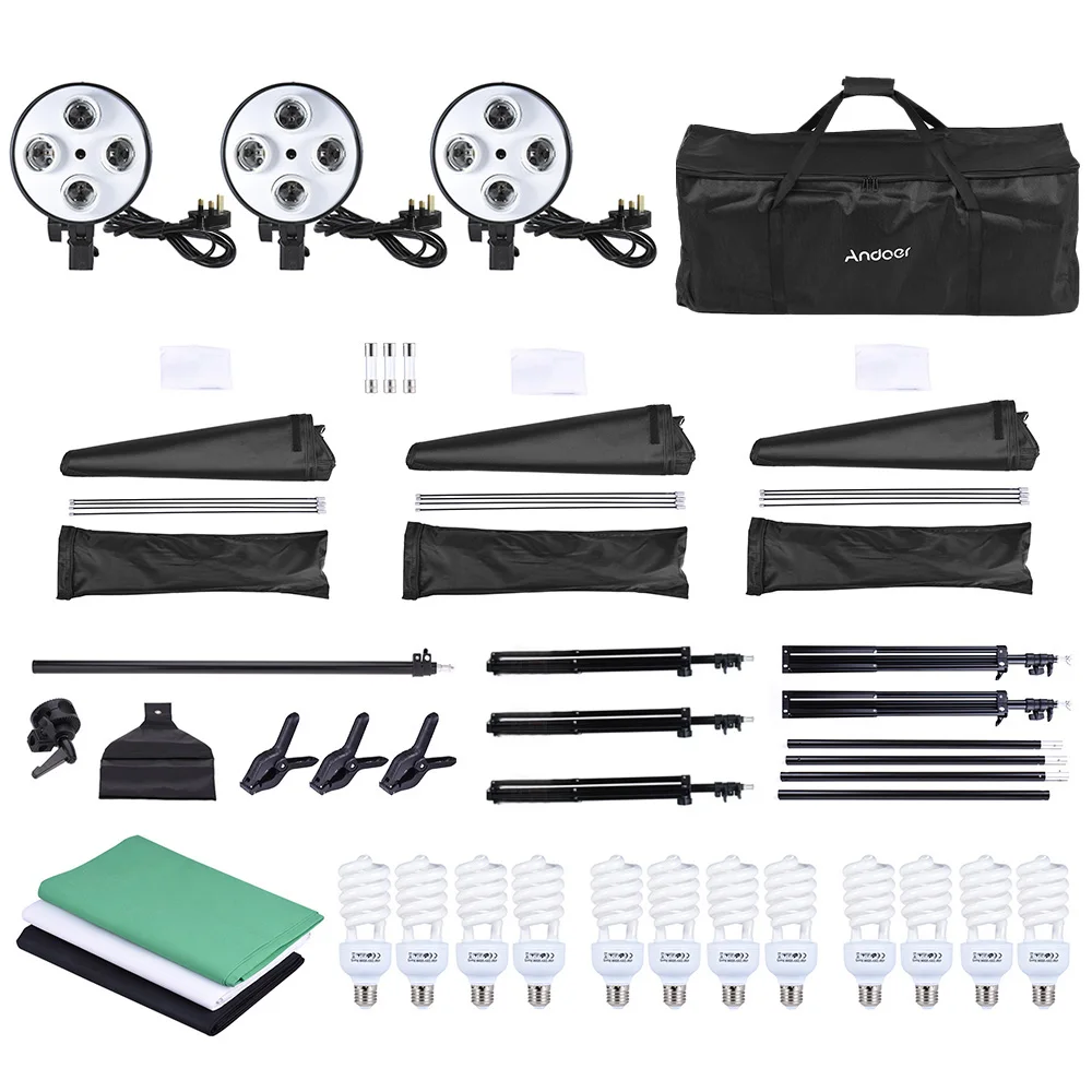 

Andoer Photo Studio Kit Photography Lighting Set Softbox 4in1 Bulb Socket Light Stand Photography Backdrops Photo Background