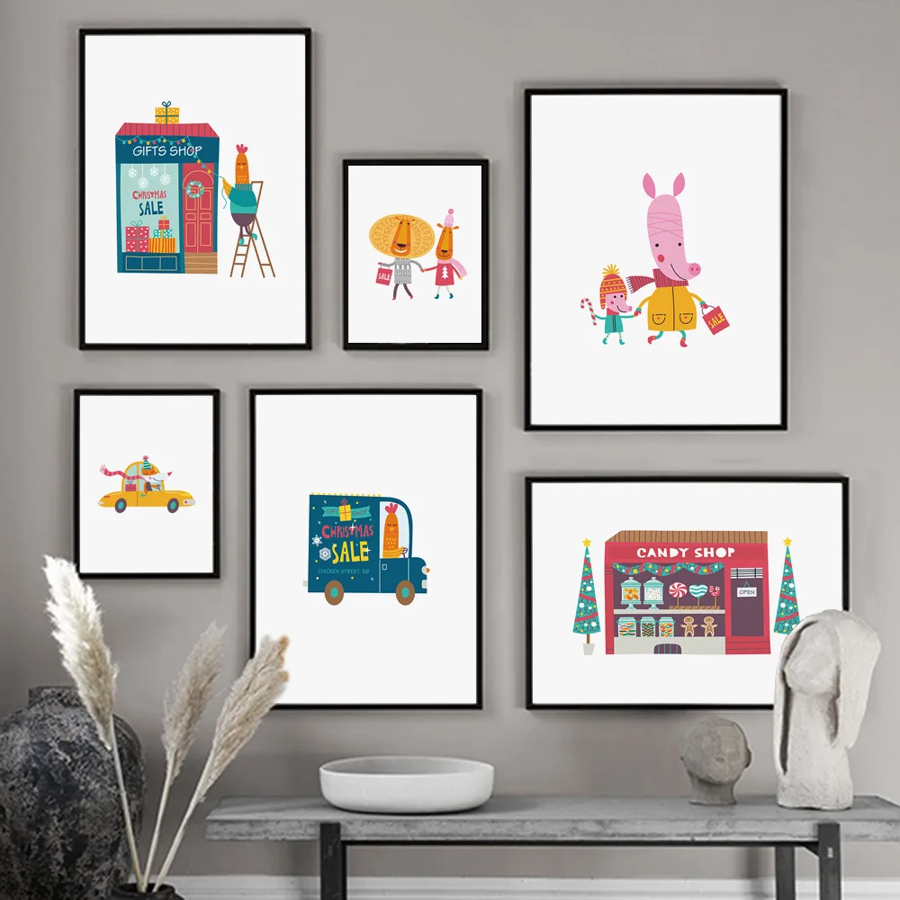 

Cartoon Animal Mouse Car Christmas Tree Nordic Posters and Prints Wall Art Canvas Painting Wall Pictures Baby Kids Room Decor