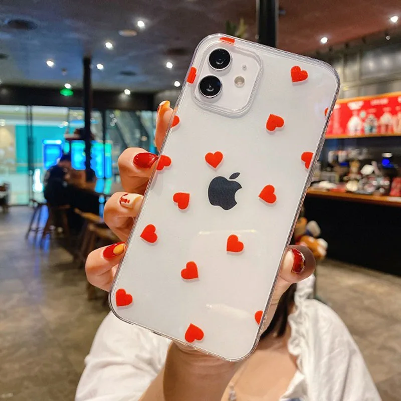 Phone Case For iPhone 14 11 Pro Max 12 13 Mini 7 8 Plus X XR XS Max Transparent Cartoon Love Heart Soft TPU Mobile Phone Cover