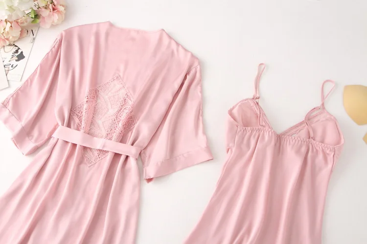 

Bridal Wedding Kimono Robe Gown Lady Sexy Hollow Out 2PCS Bathrobe Set Sleepwear Satin Summer New Nightwear Intimate Lingerie