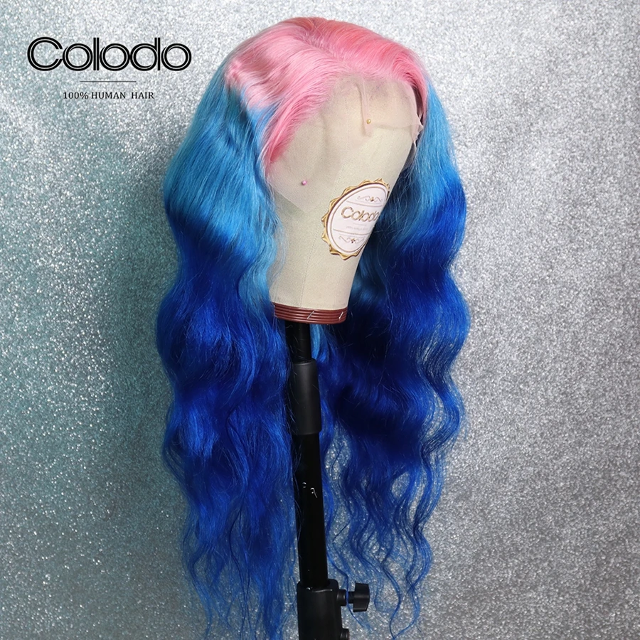 COLODO Wavy Pink Human Hair Wig 3 Tones Ombre Lace Front Wig With Baby Hair Remy Brazilian Transparent Lace Wigs For Black Women